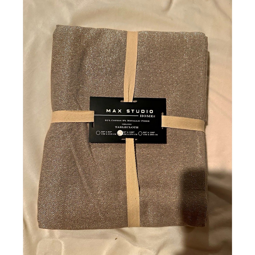 Max Studio Home Silver Herringbone Oblong Cotton Tablecloth, Machine Washable